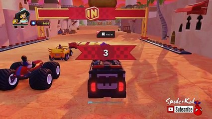 Princess Jasmine drive Police Car funny race with Lightning McQueen and Aladdin - Spiderkid (Funny)