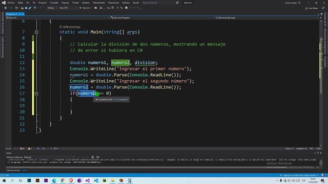Calcular la división de dos números, mostrando un mensaje de error si hubiera en C#