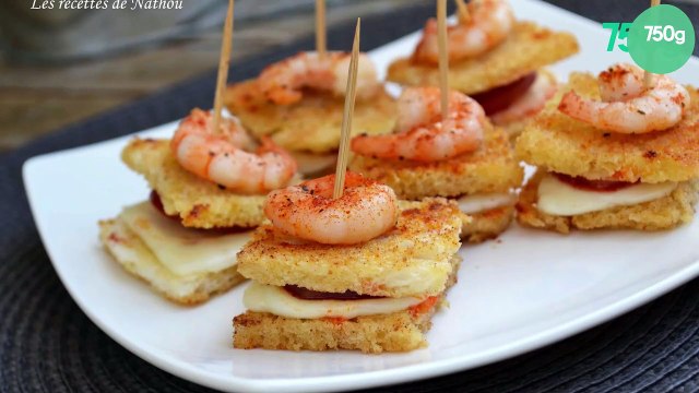 Petits croques au manchego et chorizo, crevettes au paprika fumé