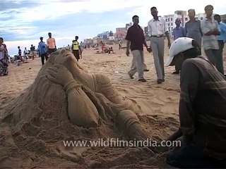 Sculpting out of sand in Puri Beach, Odisha