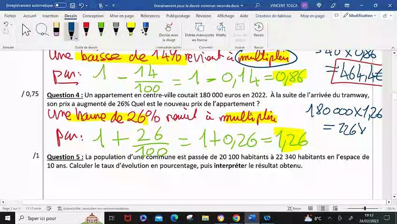 Entrainement devoir commun seconde - Correction exercice 1 : pourcentages