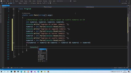 Determinar cuál es el número menor de cuatro números en C#