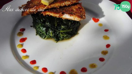 Filets de dorades panés sur lit d'épinards