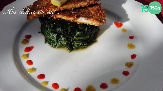 Filets de dorades panés sur lit d'épinards