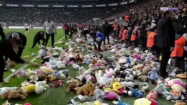 WATCH: Fans of the Turkish football club Besiktas threw thousands of soft toys on the field