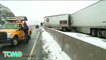 Semi-trucks smash car in highway accident, man walks away lucky to be alive - YouTube