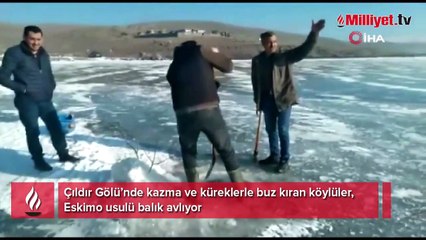 Kars’ta balıkçıların Eskimo usulü balık avı kamerada