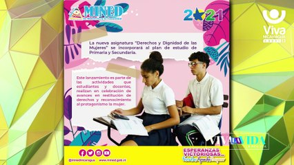 Ministerio de Educación impartirá nueva asignatura ¨Derecho y Dignidad de las Mujeres¨