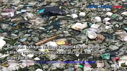 Tumpukan Sampah Plastik Tutup Permukaan Air Laut di Kampung Nelayan Kali Baru