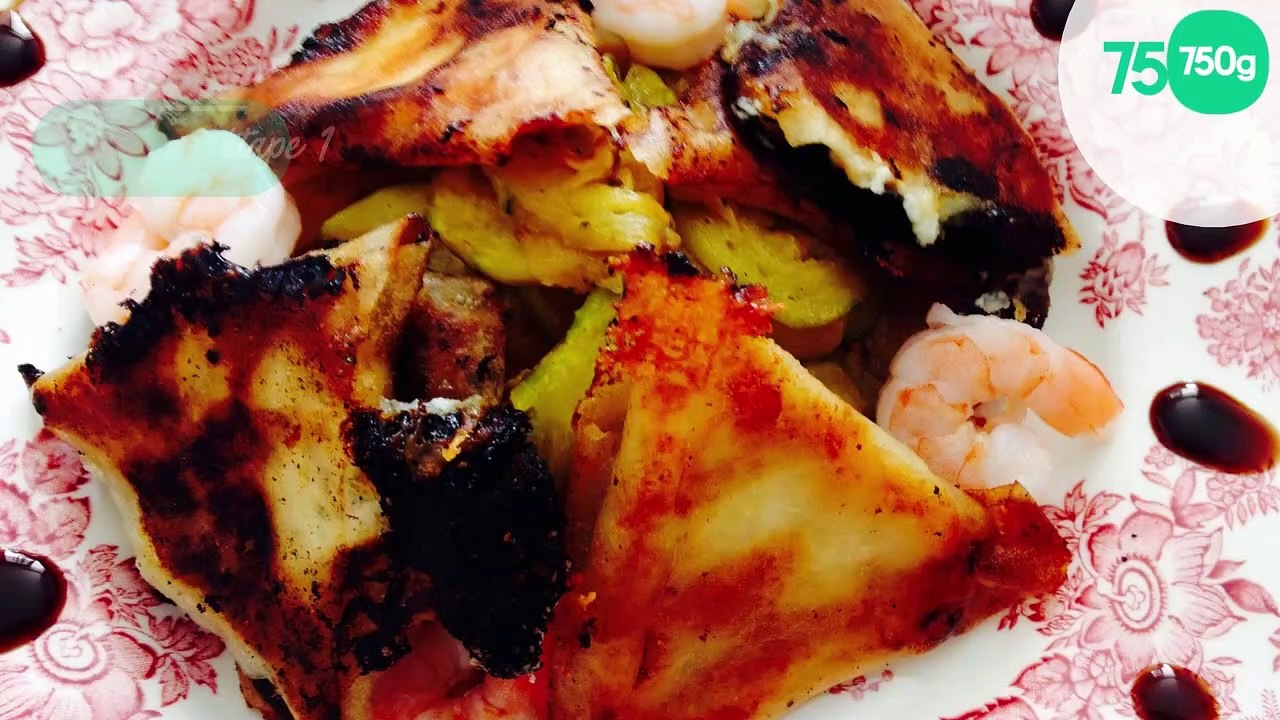Samoussa chèvre miel avec ses crevettes et courgettes à l'ail