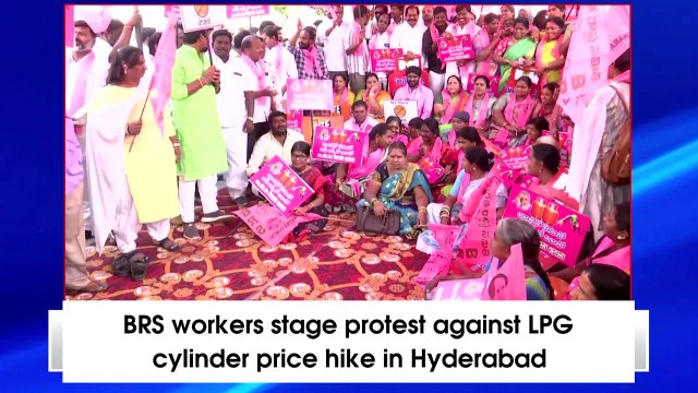 BRS workers protest against LPG cylinder price hike in Hyderabad