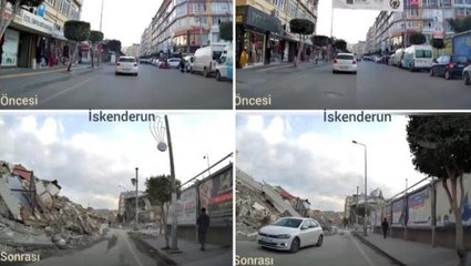 Deprem öncesi ve sonrasında aynı yol üzerinde kaydedilen görüntüler, felaketin şiddetini gözler önüne serdi