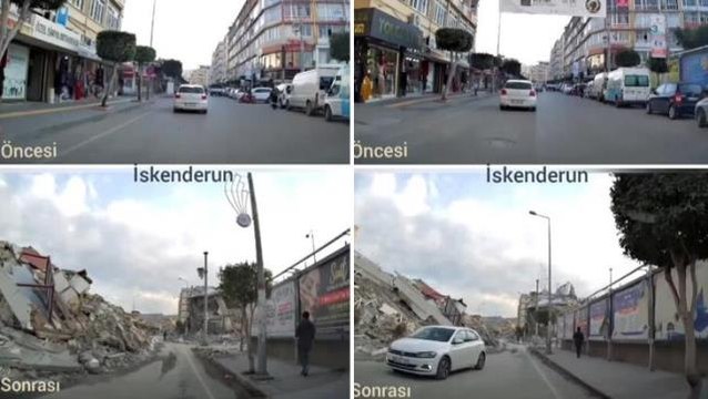Deprem öncesi ve sonrasında aynı yol üzerinde kaydedilen görüntüler, felaketin şiddetini gözler önüne serdi