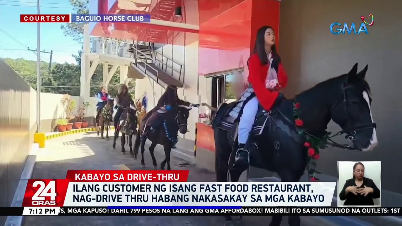 Ilang customer ng isang fast food restaurant, nag-drive thru habang nakasakay sa mga kabayo | 24 Oras