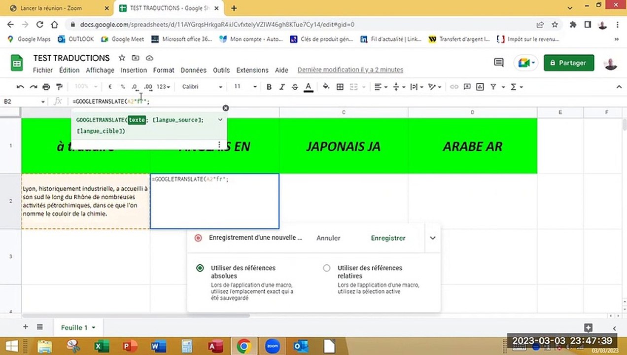 GoogleSheets macro traduction