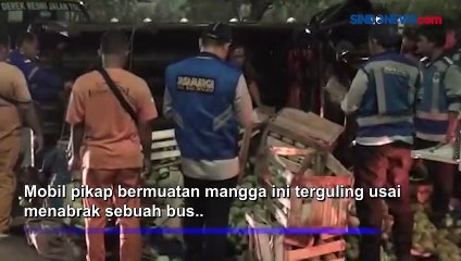 Mobil Pikap Bermuatan Mangga Terguling di Tol Slipi