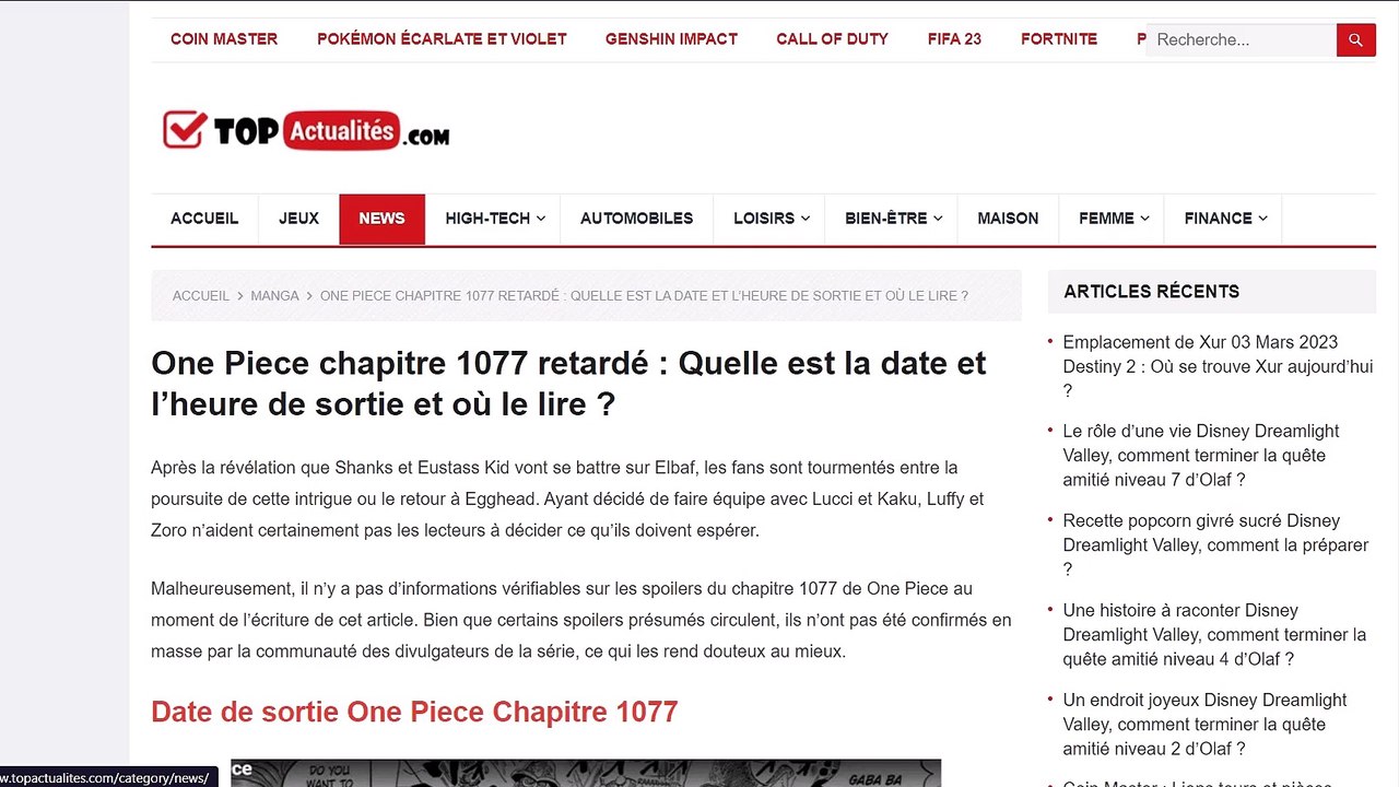 One Piece scan 1077 : Date de sortie