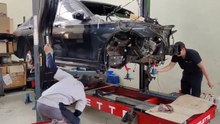 BMW 730Ld front rail and strut tower replacement on Celette Bench with dedicated fixtures