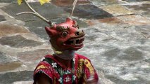 Animal masked dancer holding a stick performs the rituals of Cham dance in Bhutan