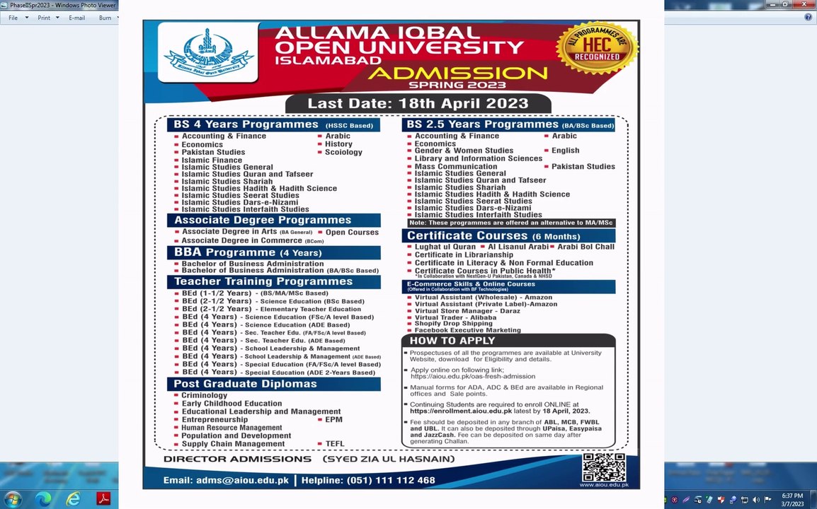 AIOU Spring new Admissions 2023 | AIOU Spring 2023 admissions last date 18-04-23