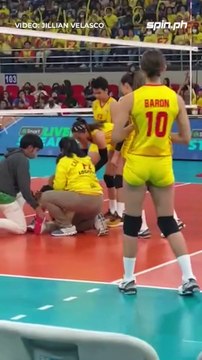 Myla Pablo suffers cramps in her left leg as F2 Logistics trail in the fourth set. #pvl