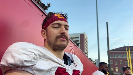 USC defensive lineman Jack Sullivan speaks with reporters during spring practice