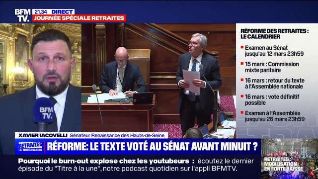Réforme des retraites: Vu l'avancée aujourd'hui des travaux, nous pensons pouvoir voter avant minuit , affirme Xavier Iacovelli (Renaissance )