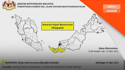 Amaran hujan berterusan (waspada) di Sarawak sehingga Isnin