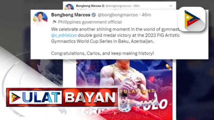 PBBM, pinuri si Carlos Yulo para sa double gold medal victory sa 2023 FIG Artistic Gymnastics World Cup