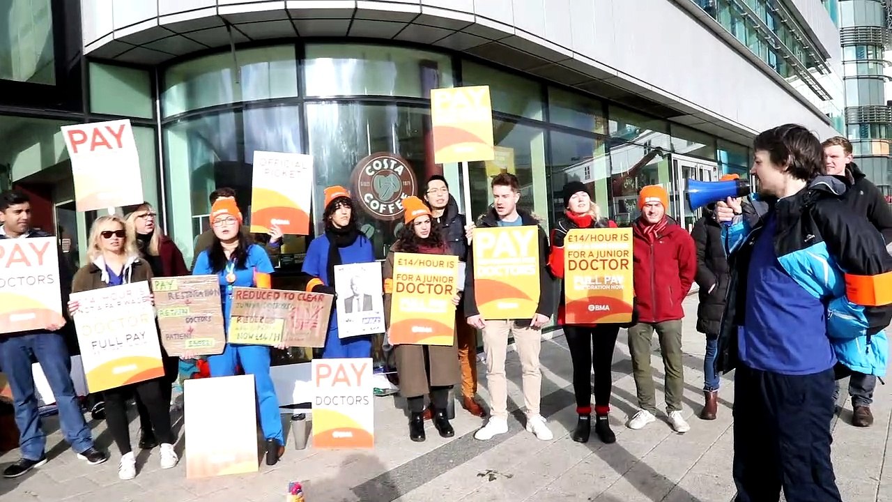 Junior doctors on a picket line outside Birmingham Queen Elizabeth Hospital on the second day of strikes by the BMA union