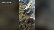 Incendio boschivo nel Bolognese, l'intervento dell'elicottero dei vigili del fuoco a Savigno