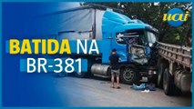 Acidente com caminhões e carreta fecha BR-381, em Betim