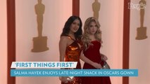 Salma Hayek Grabs Late-Night Snack with Oscars Dress Unzipped: 'Expectation Vs. Reality'