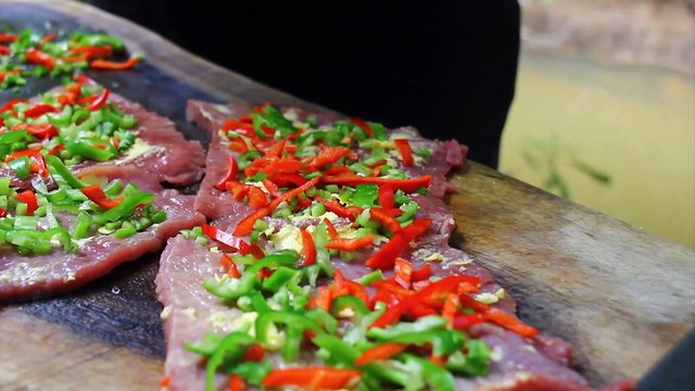 Cooking Beef Rolling Steak on the Rock - Cook Steak Stone with egg for delicious Food