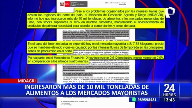 Midagri anuncia que más de 10 mil toneladas de alimentos ingresaron a mercados mayoristas