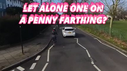 Jeremy Vine objects to being overtaken by car while riding Penny-farthing