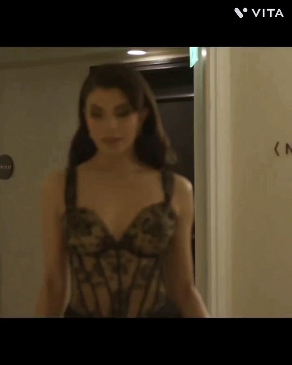 Jacqueline Fernandez in a black net gown at the Academy Award 2023