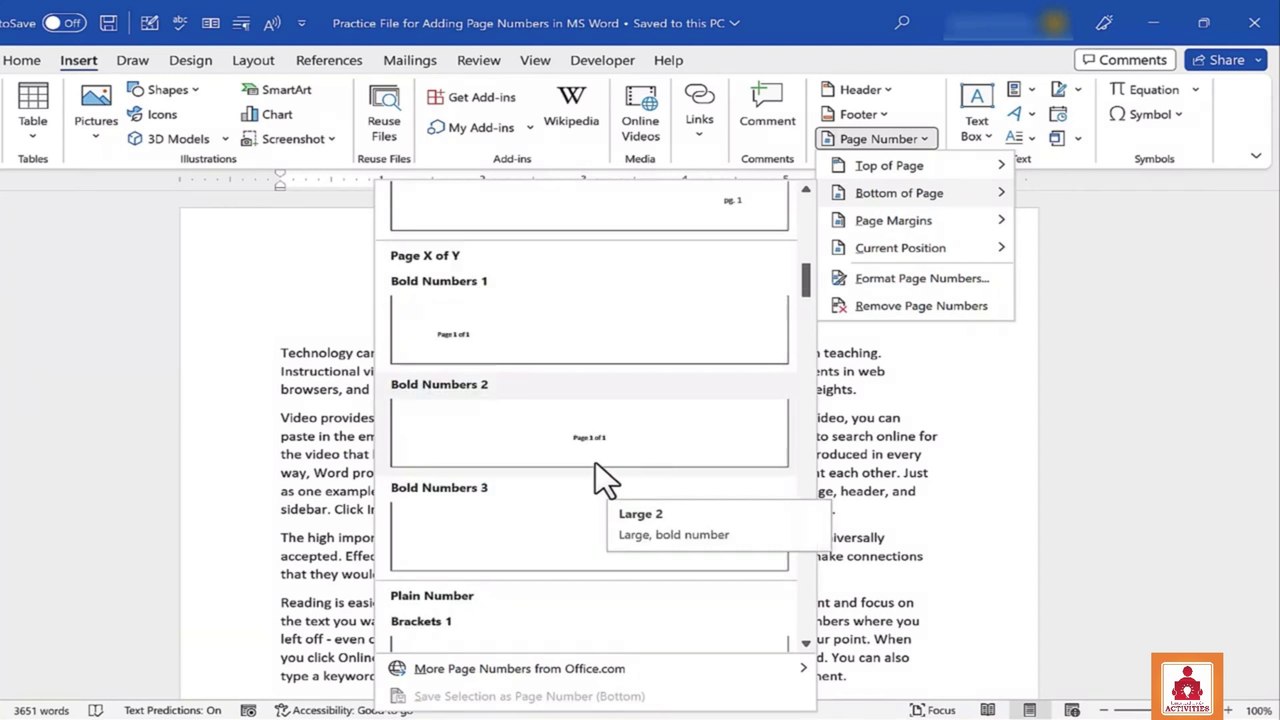 Adding Page Numbers in Microsoft Word