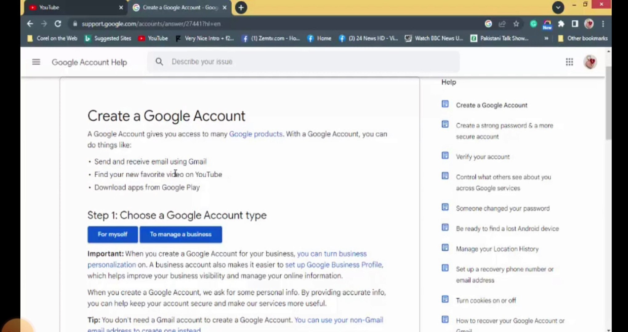 How to create  in google account
