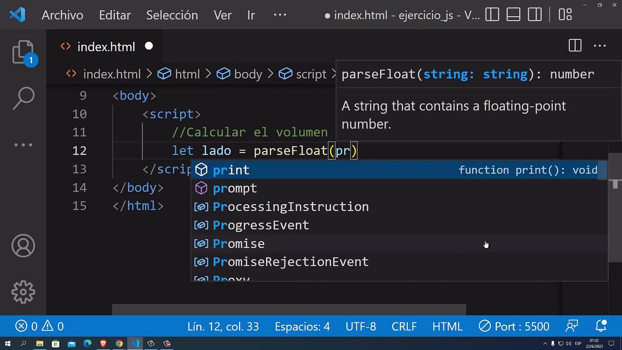 Calcular el volumen de un cubo en JavaScript