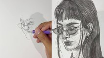 Artist shows confidence in his drawing skills by sketching a lovely portrait of a woman