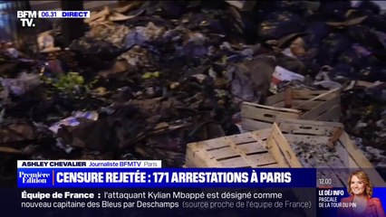 Retraites: dans le quartier de l'Opéra à Paris, les rues jonchées de poubelles incendiées après la manifestation