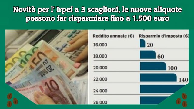 Novità per l' Irpef a 3 scaglioni, le nuove aliquote possono far risparmiare fino a 1.500 euro