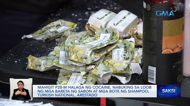Mahigit P28-M halaga ng cocaine, nabuking sa loob ng mga bareta ng sabon at mga bote ng shampoo; Turkish national, arestado | Saksi