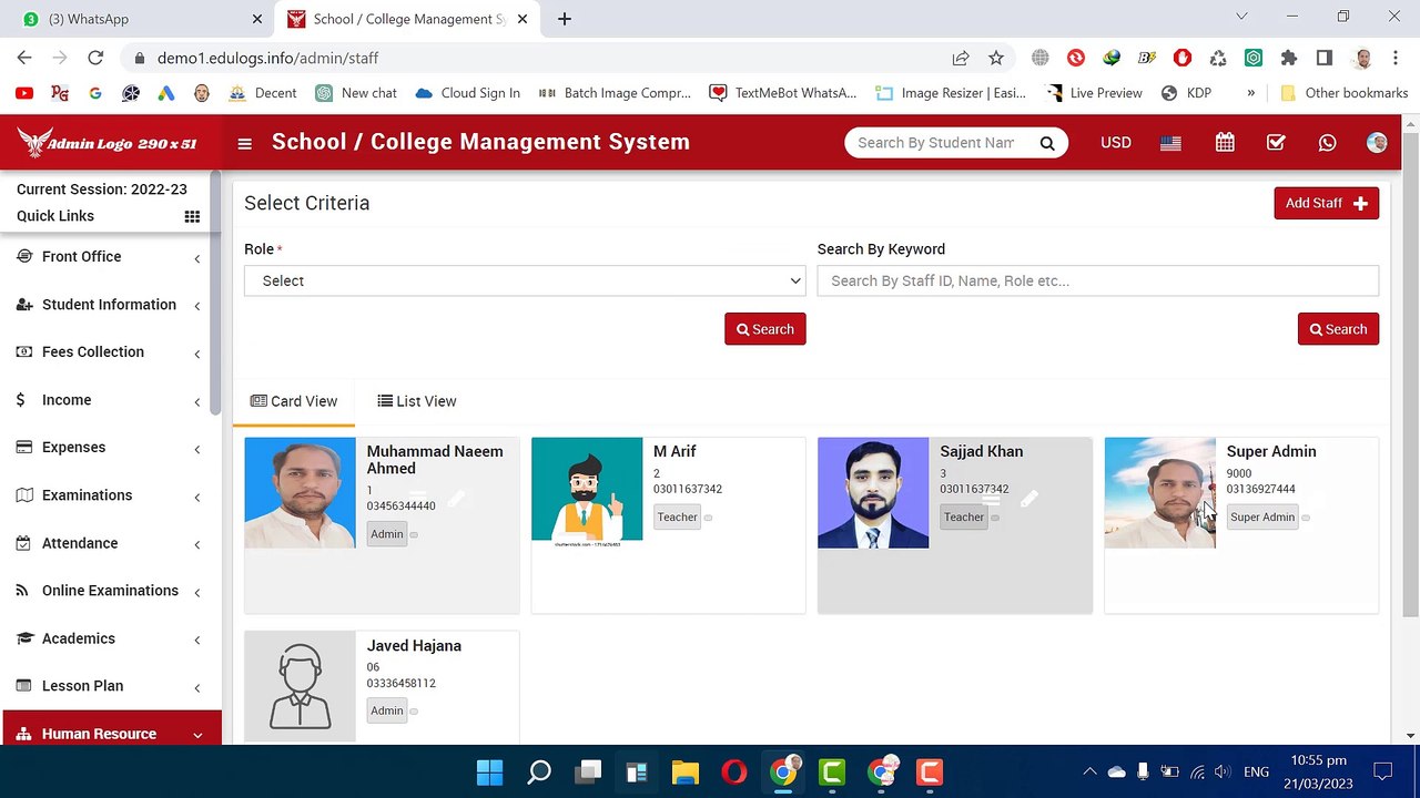 Add Subjects, Attendance, Staff attendance, Add staff, Add Income and Expenses