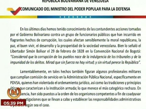 COMUNICADO | FANB respalda la lucha contra la corrupción por parte del Ejecutivo Nacional
