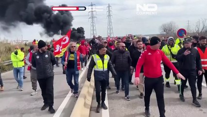 Watch: French strikers clash with riot police deployed outside oil depot