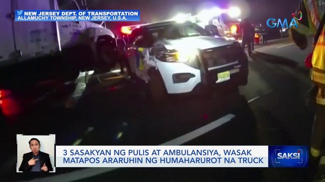 3 sasakyan ng pulis at ambulansiya, wasak matapos araruhin ng humaharurot na truck | Saksi