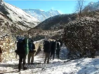 Trekkers pass through spring snow in Sagarmatha National Park