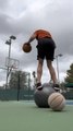 Guy Hops From Basketball to Stability Ball and Scores Basket.